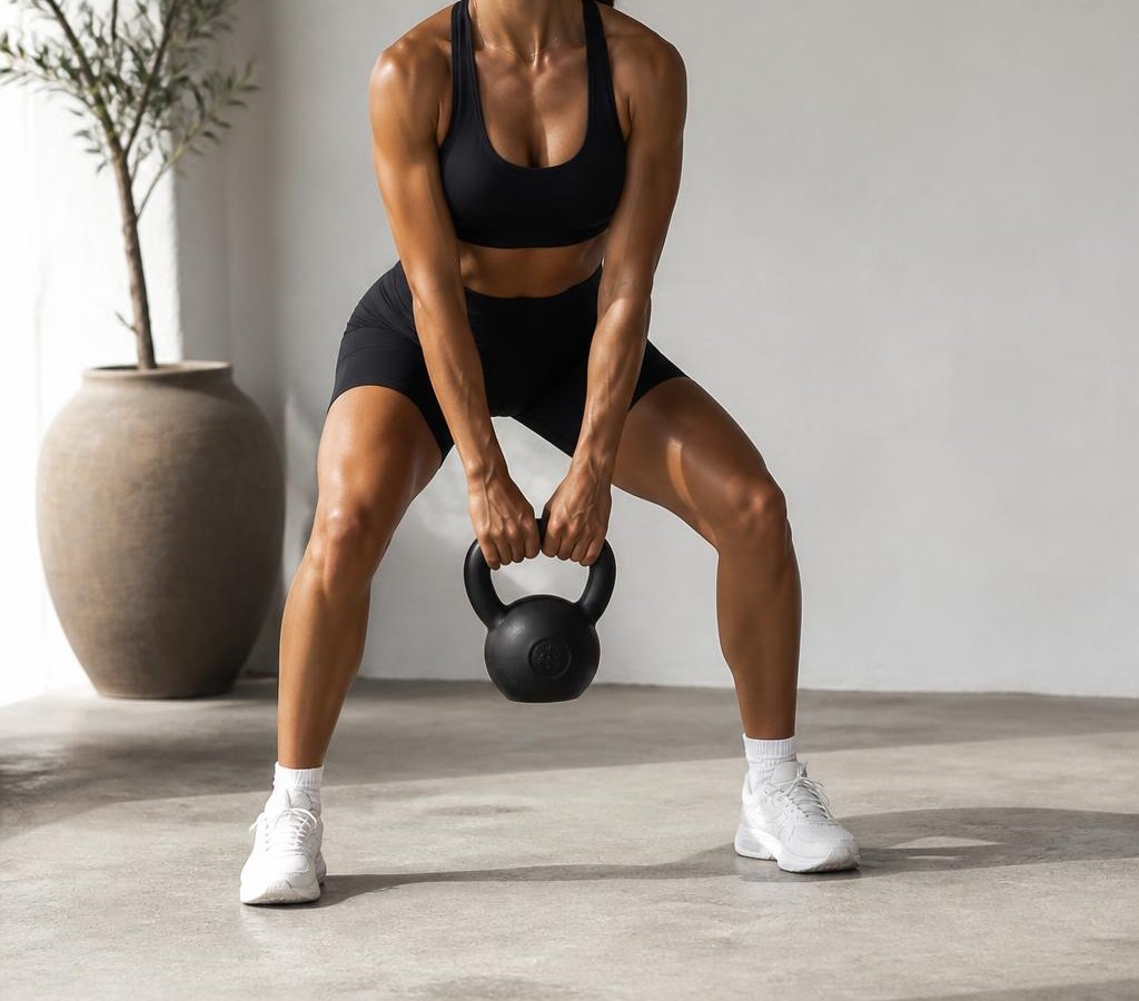 Maria entrenando con kettlebell en un estudio luminoso de Mallorca